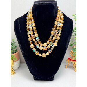 Vintage Triple Strand Crystal Lucite Bead Necklace Amber Gold Tones 20”